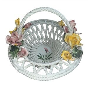 Vintage Nove Antica Di Rossi Giovanni Ceramic Italian Woven Rope Floral Basket